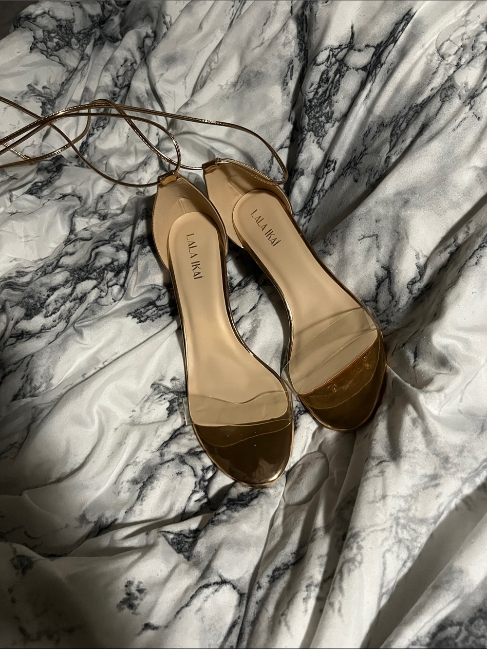 Lola Ikai Metallic Gold Ankle-Tie Heeled Sandals